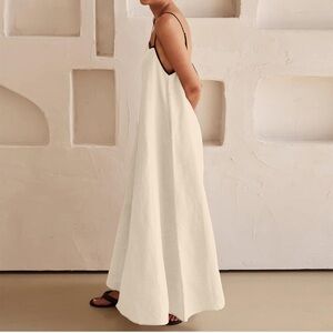 Cream & Black Linen Spaghetti-Strap Long Dress